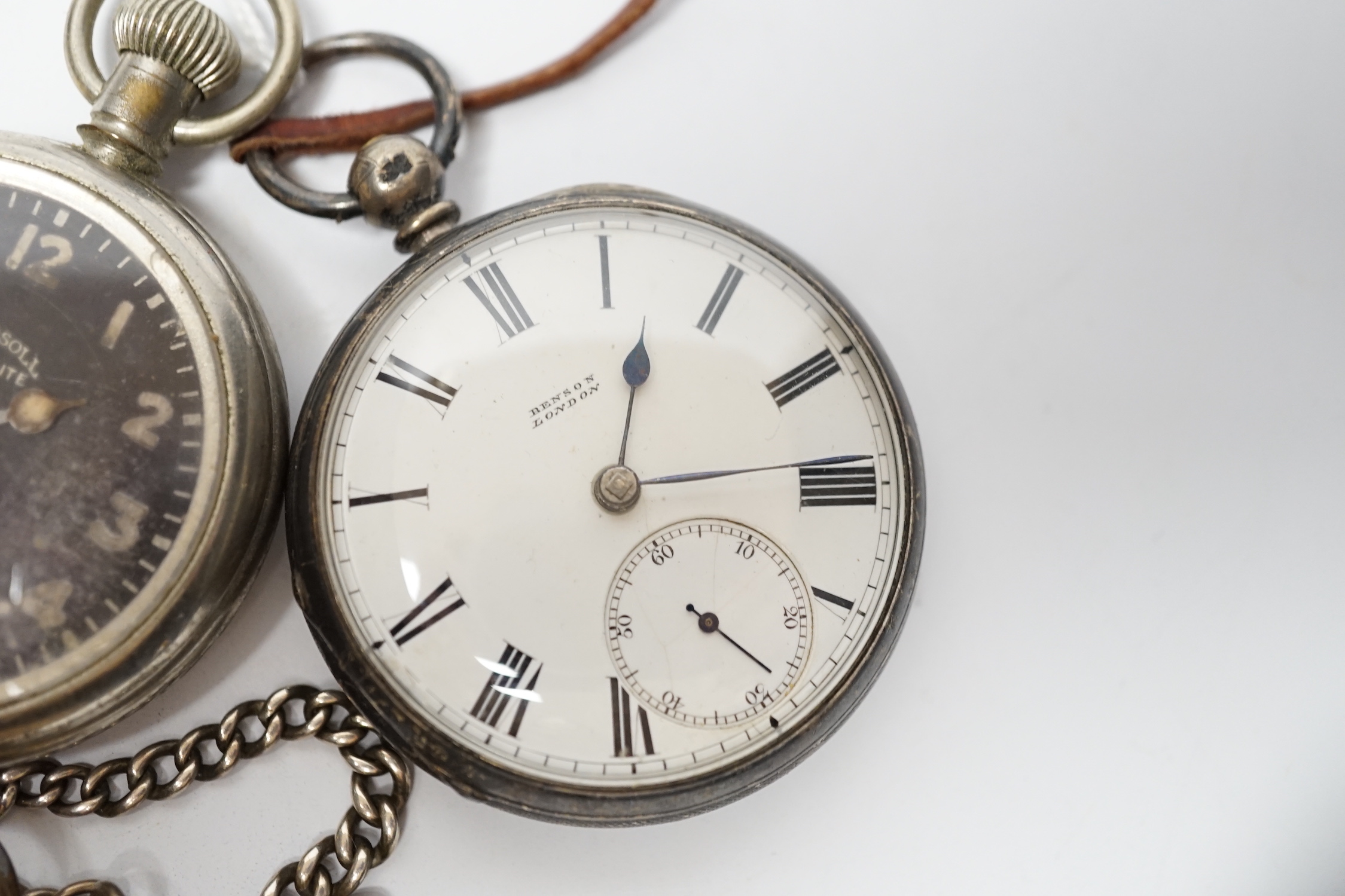 A silver open face pocket watch by Benson, London, an 800 standard hunter pocket watch by Havila and two others including a black dial Ingersoll Radiolite.